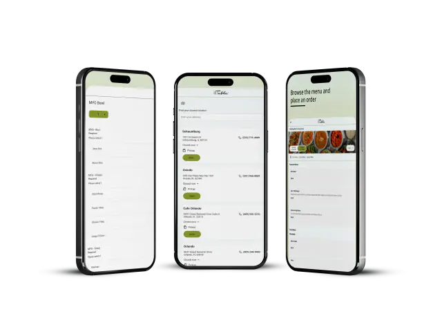 Smartphones showing the Tabla mobile app ordering menu with various Indian dishes
