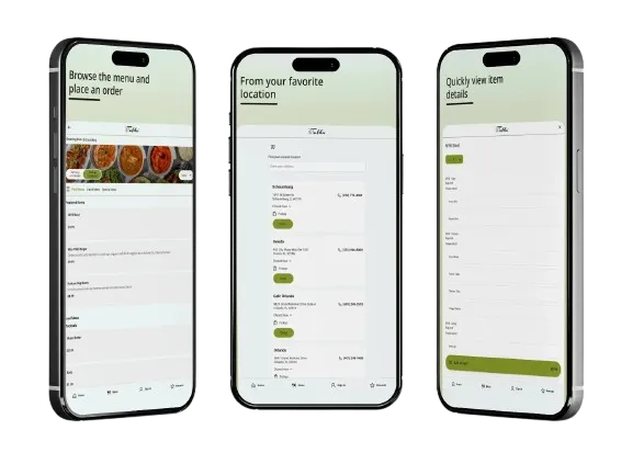 Smartphone showing the Tabla mobile app ordering menu with various Indian dishes