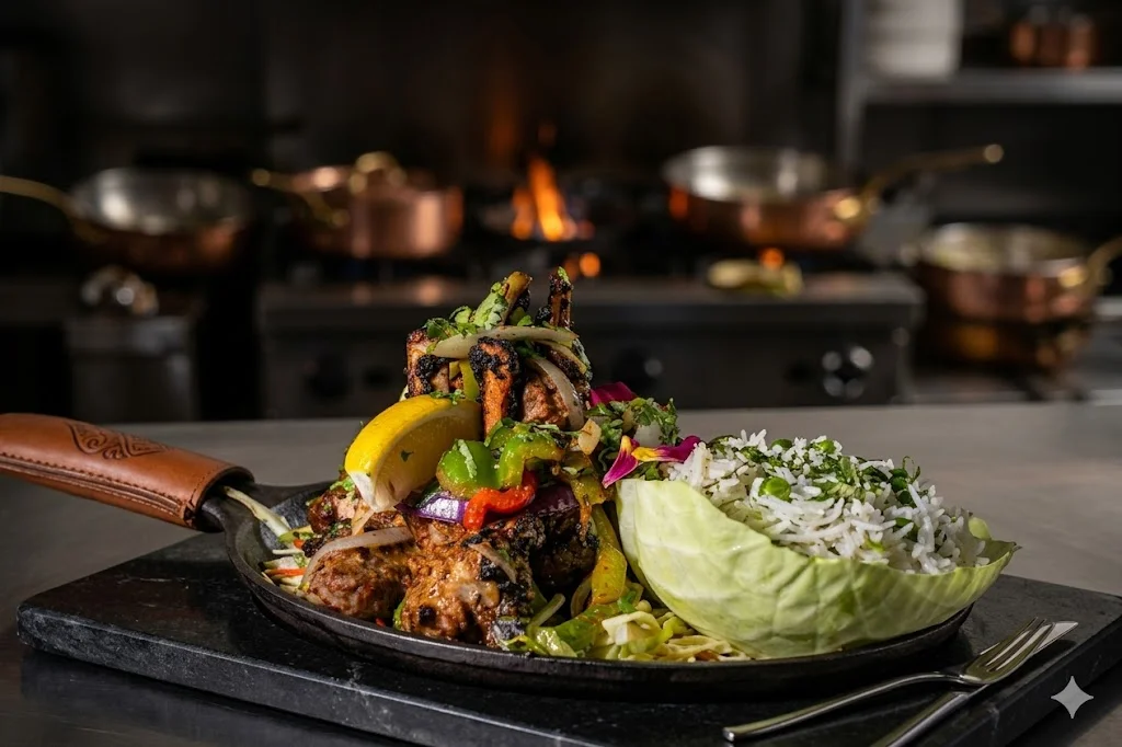 Modern dining area with elegant wooden tables and warm lighting